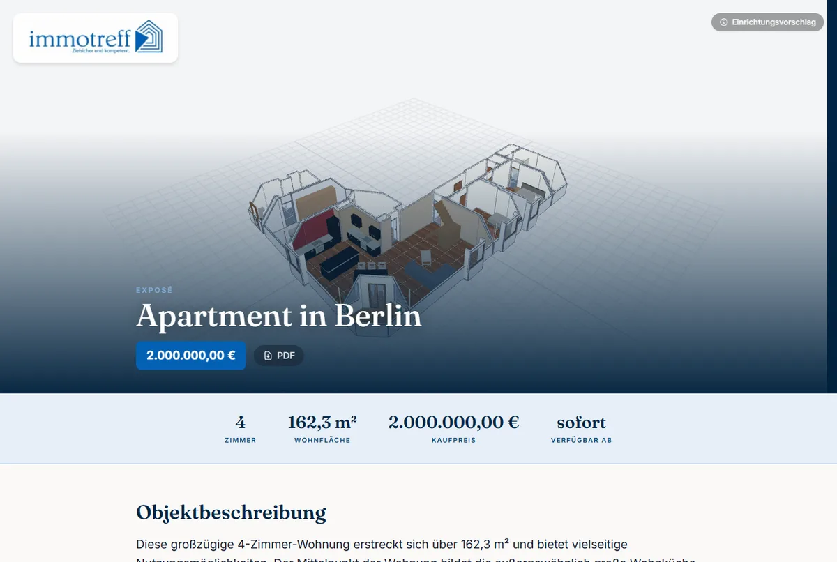 Vorschau des digitalen Beispiel-Exposés: 3D-Modell einer Wohnung mit Objektdaten und PDF-Ausgabe